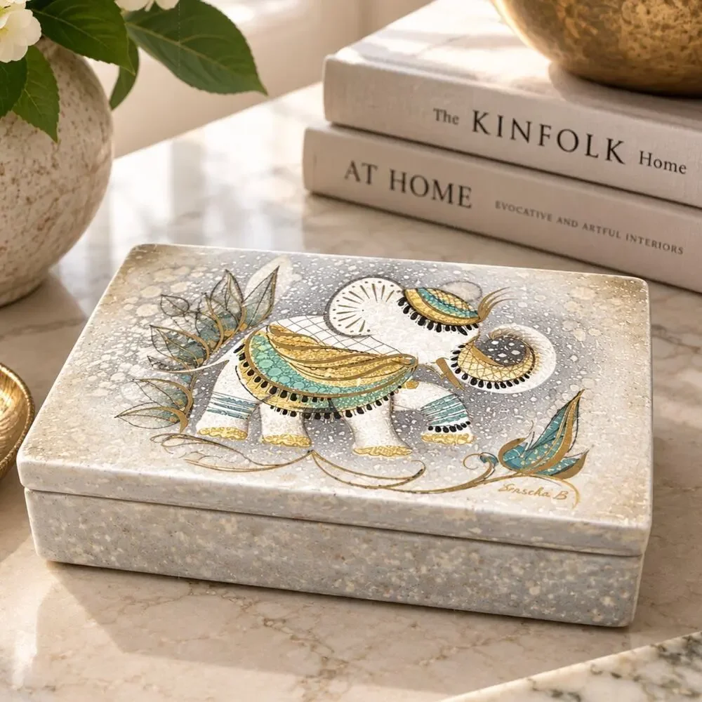 Sascha Brastoff Elephant Trinket Box MCM California Pottery Gold Turquoise 021